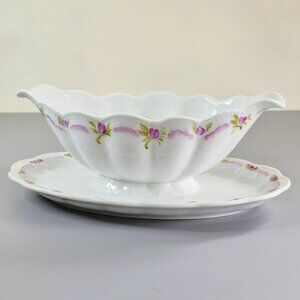 Viktoria White Gravy Boat & Plate by Hutschenreuther Hand Painted Purple Floral